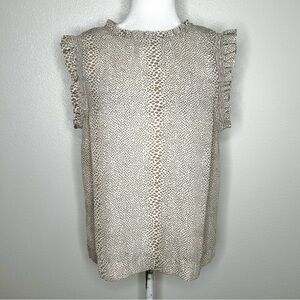 DR2 By Daniel Rainn Womens Tan & White Animal Print Sleeveless Ruffled Top M EUC